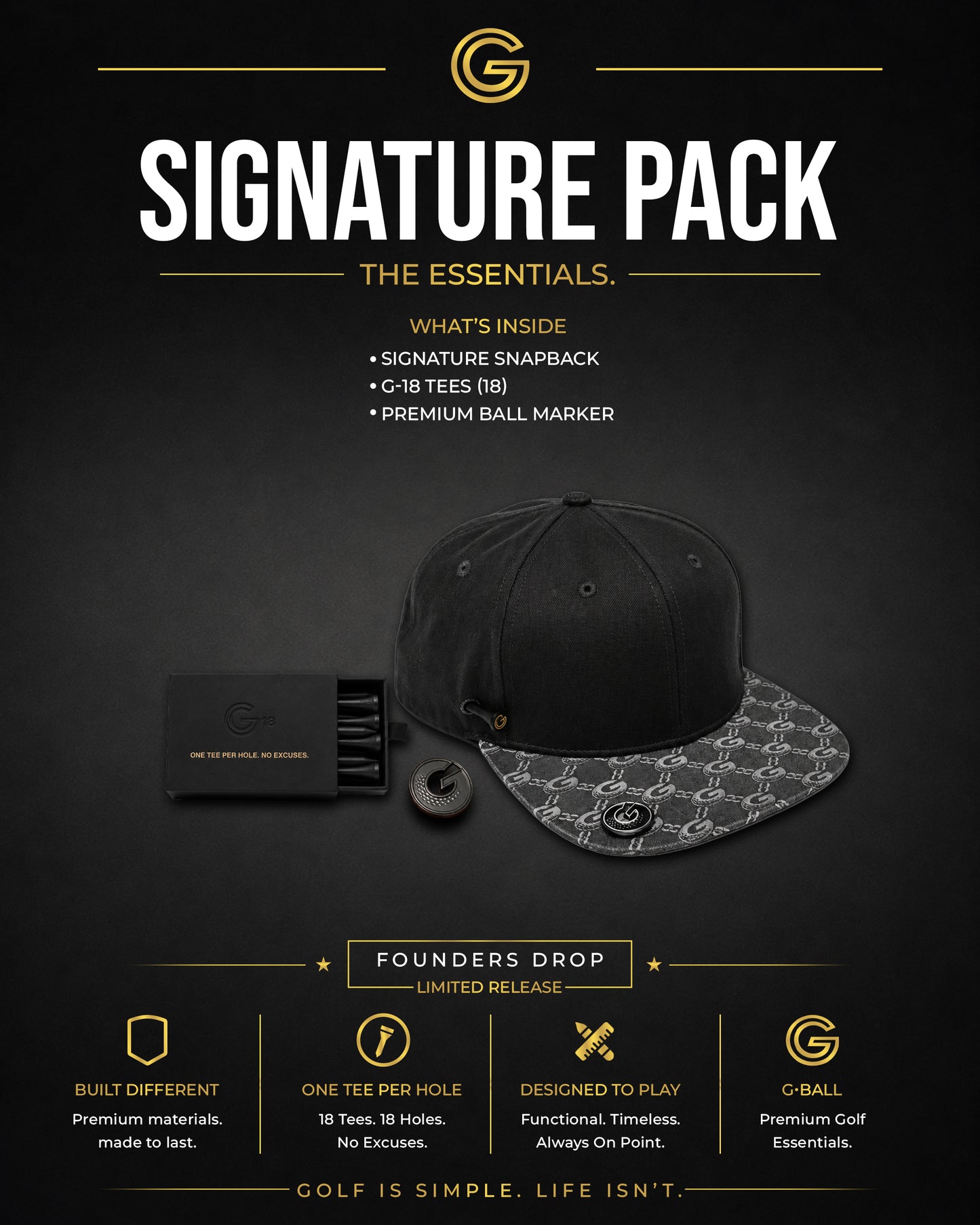 G•BALL Signature Pack bundle: Classic Snapback, G-18 golf tees, and G•MARK ball marker
