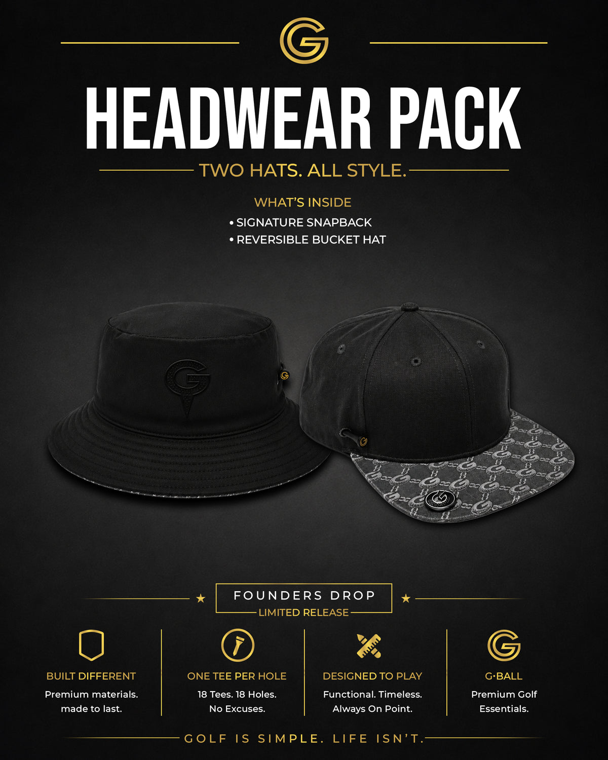 G•BALL Headwear Pack bundle: Classic Snapback and Reversible Bucket Hat