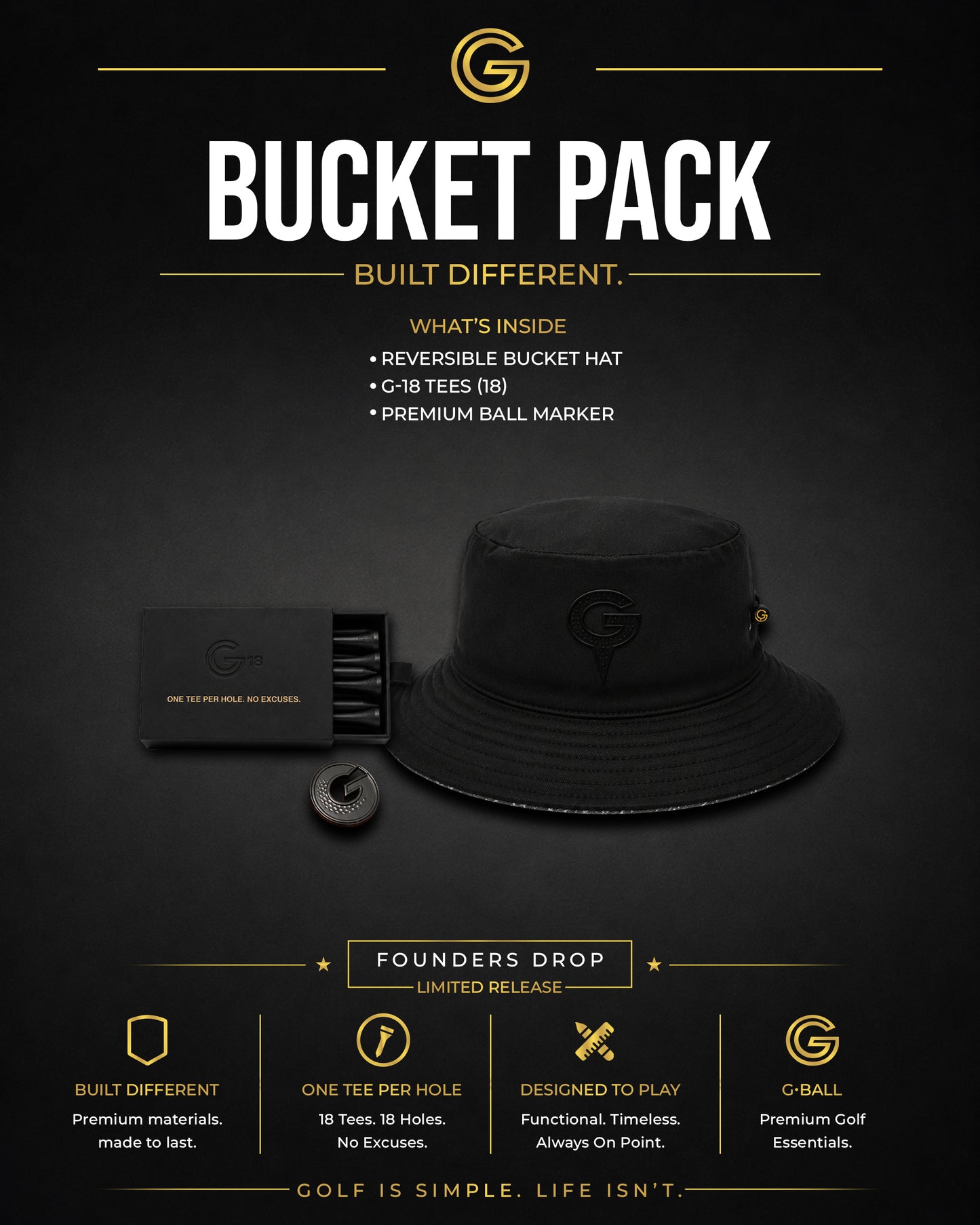 G•BALL Bucket Pack bundle: Reversible Bucket Hat, G-18 tees, and G•MARK ball marker