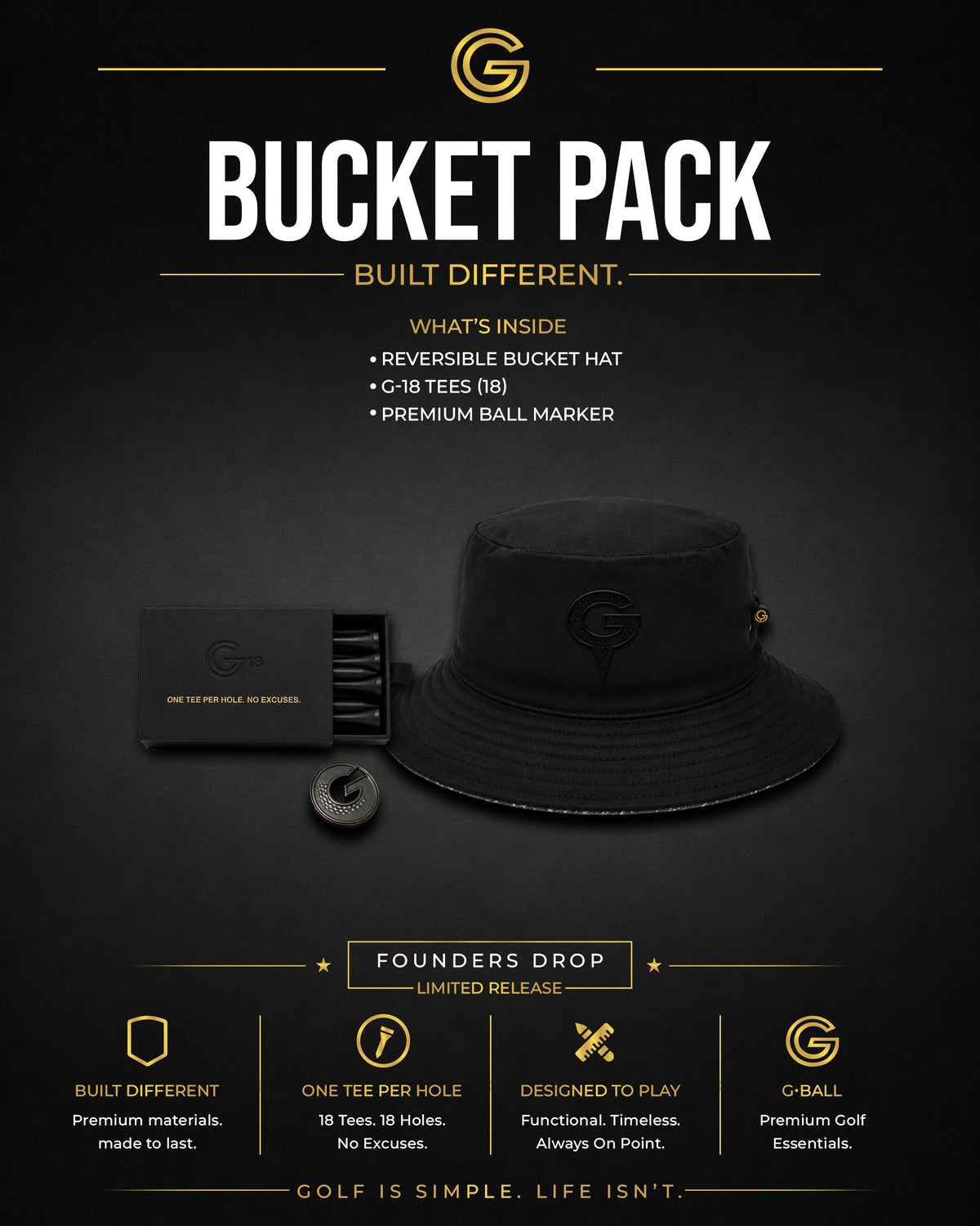 G•BALL Bucket Pack bundle: Reversible Bucket Hat, G-18 tees, and G•MARK ball marker