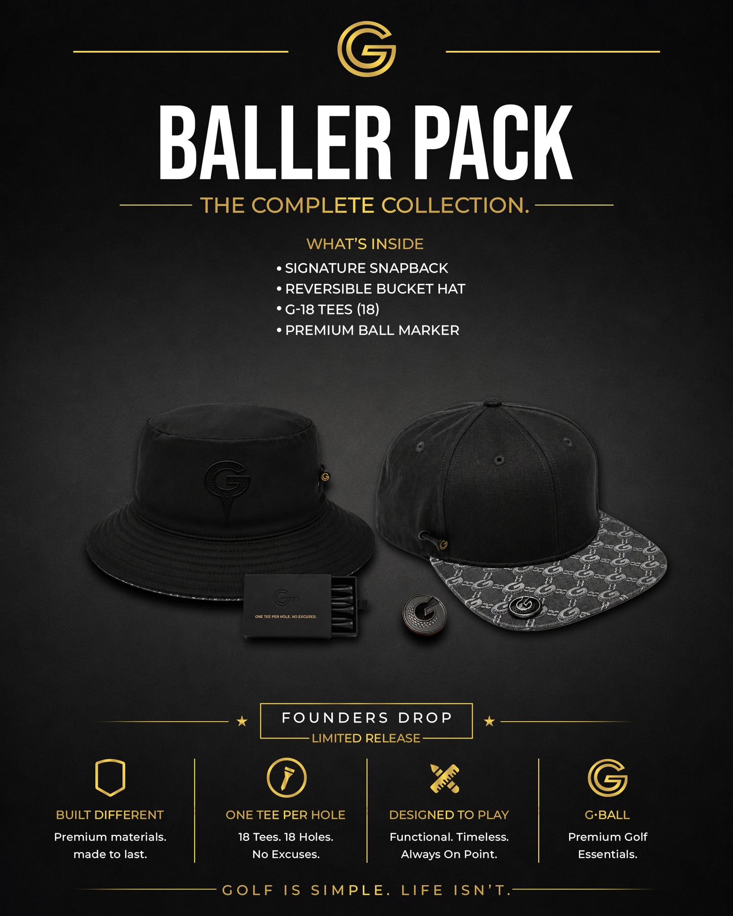 G•BALL Baller Pack: complete golf starter kit with snapback, bucket hat, tees, and ball marker