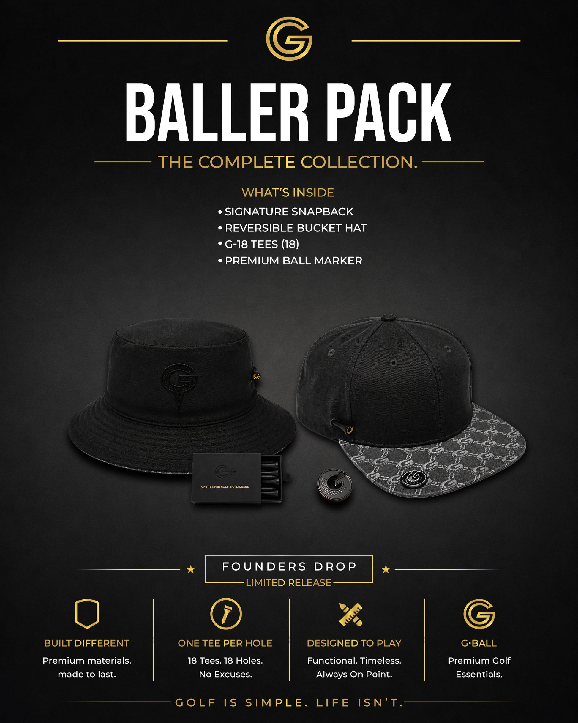 G•BALL Baller Pack: complete golf starter kit with snapback, bucket hat, tees, and ball marker