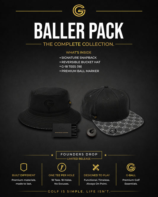 G•BALL Baller Pack: complete golf starter kit with snapback, bucket hat, tees, and ball marker