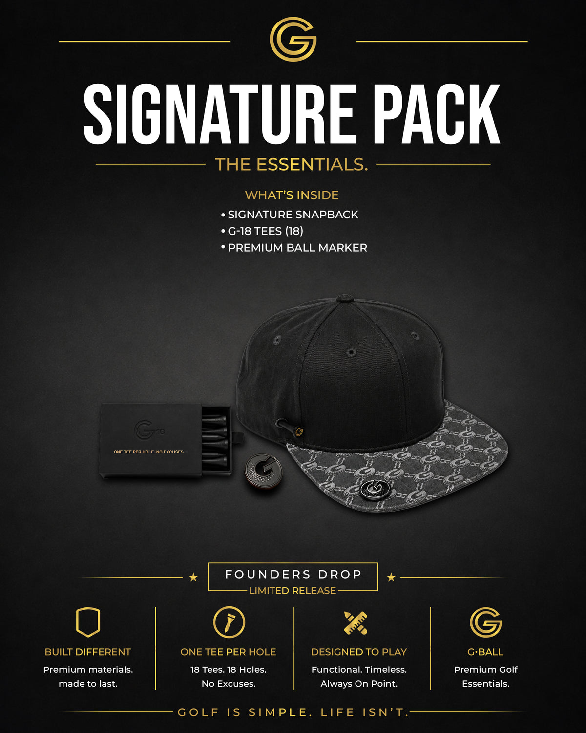 G•BALL Signature Pack bundle: Classic Snapback, G-18 golf tees, and G•MARK ball marker