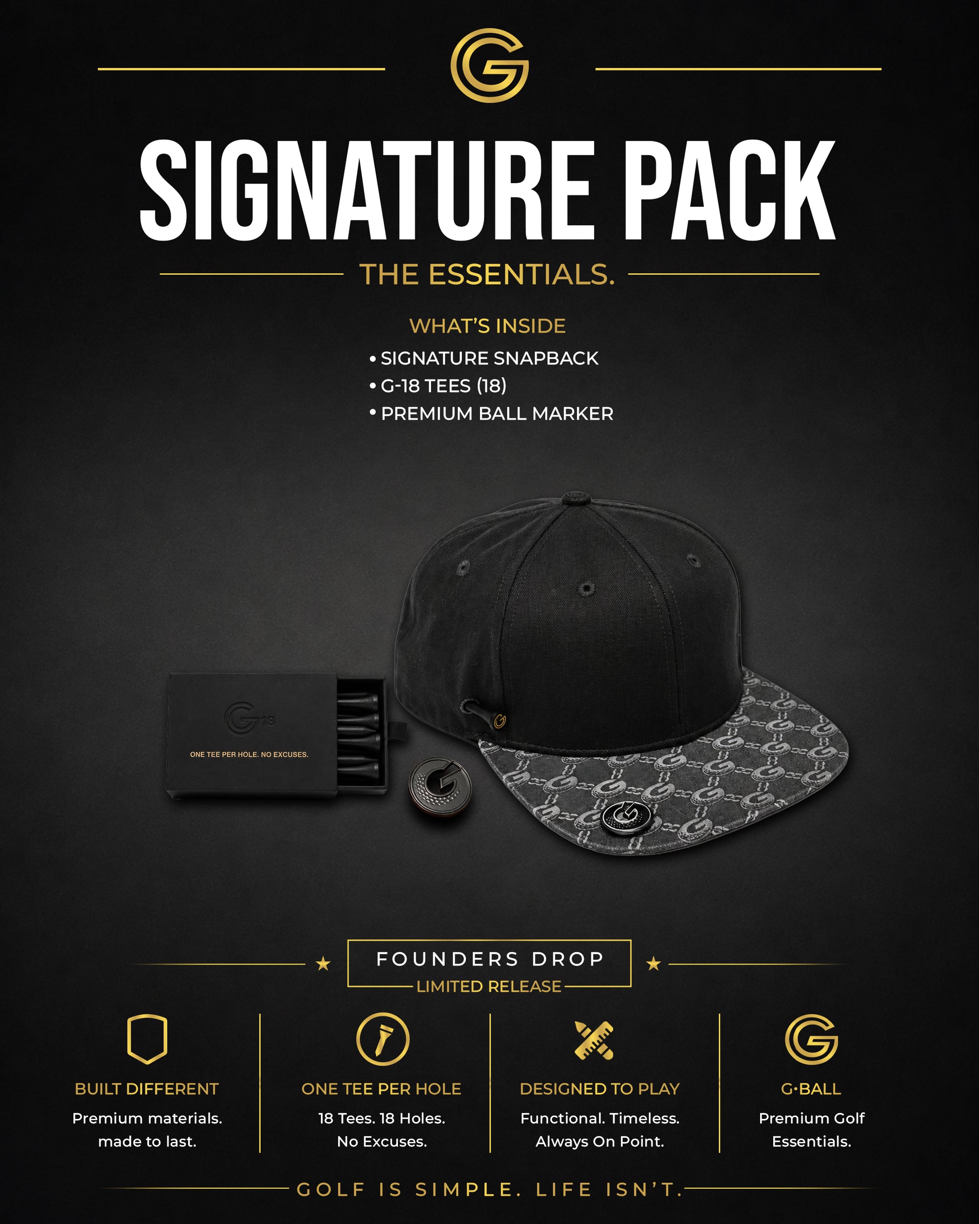 G•BALL Signature Pack bundle: Classic Snapback, G-18 golf tees, and G•MARK ball marker