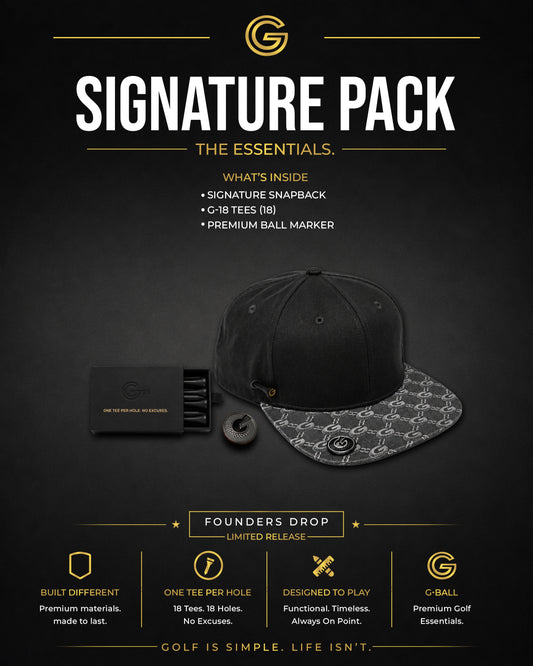 G•BALL Signature Pack bundle: Classic Snapback, G-18 golf tees, and G•MARK ball marker